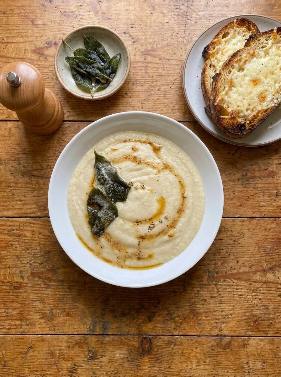 Overhead cauliflower soup with cheesy toasts