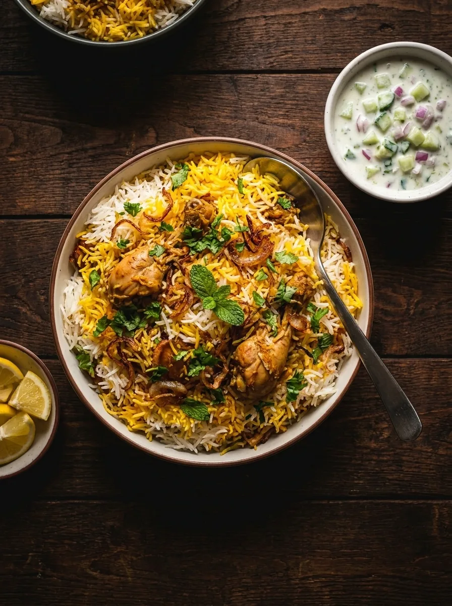 Overhead chicken biryani with raita
