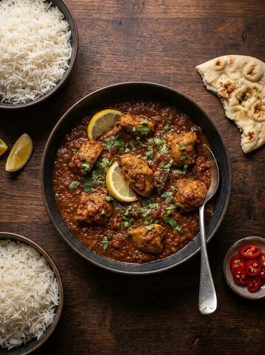 Overhead chicken madras with rice and naan