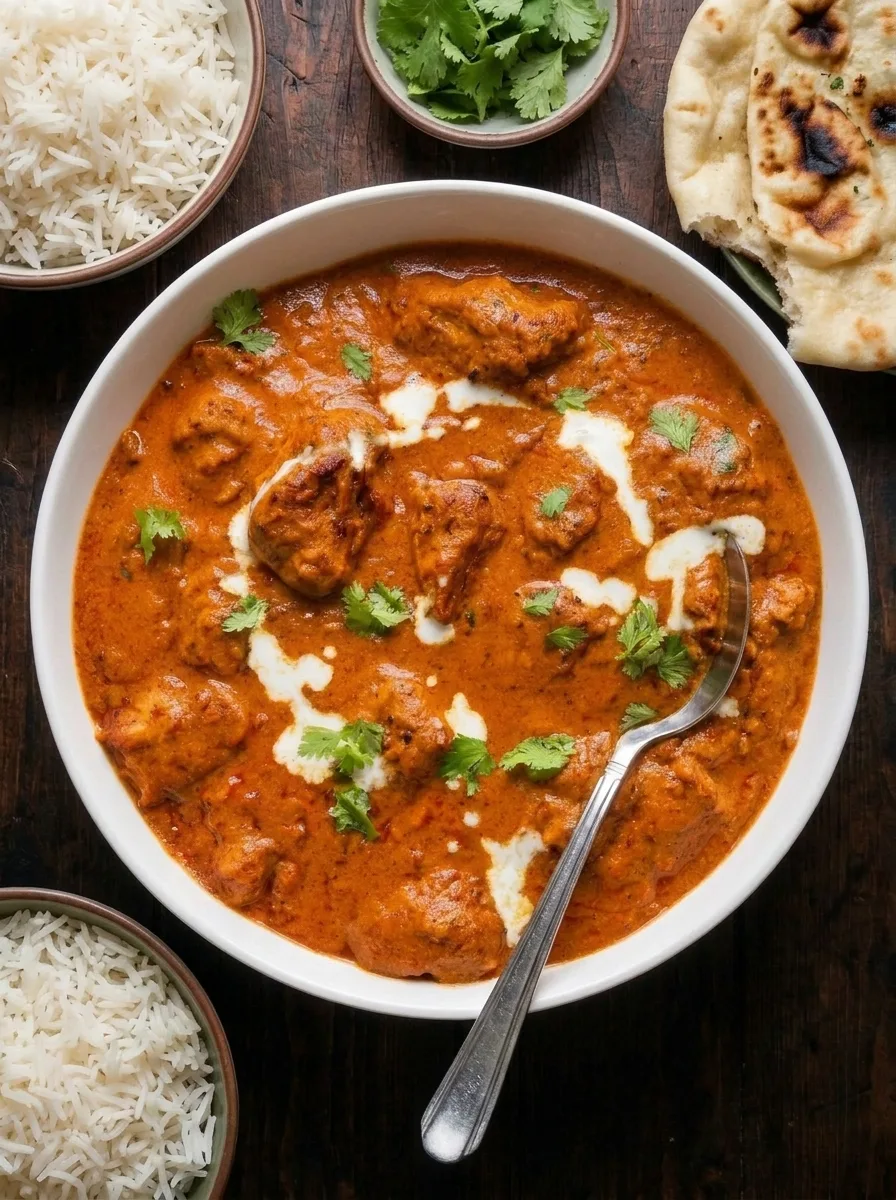 Overhead tikka masala with rice and naan