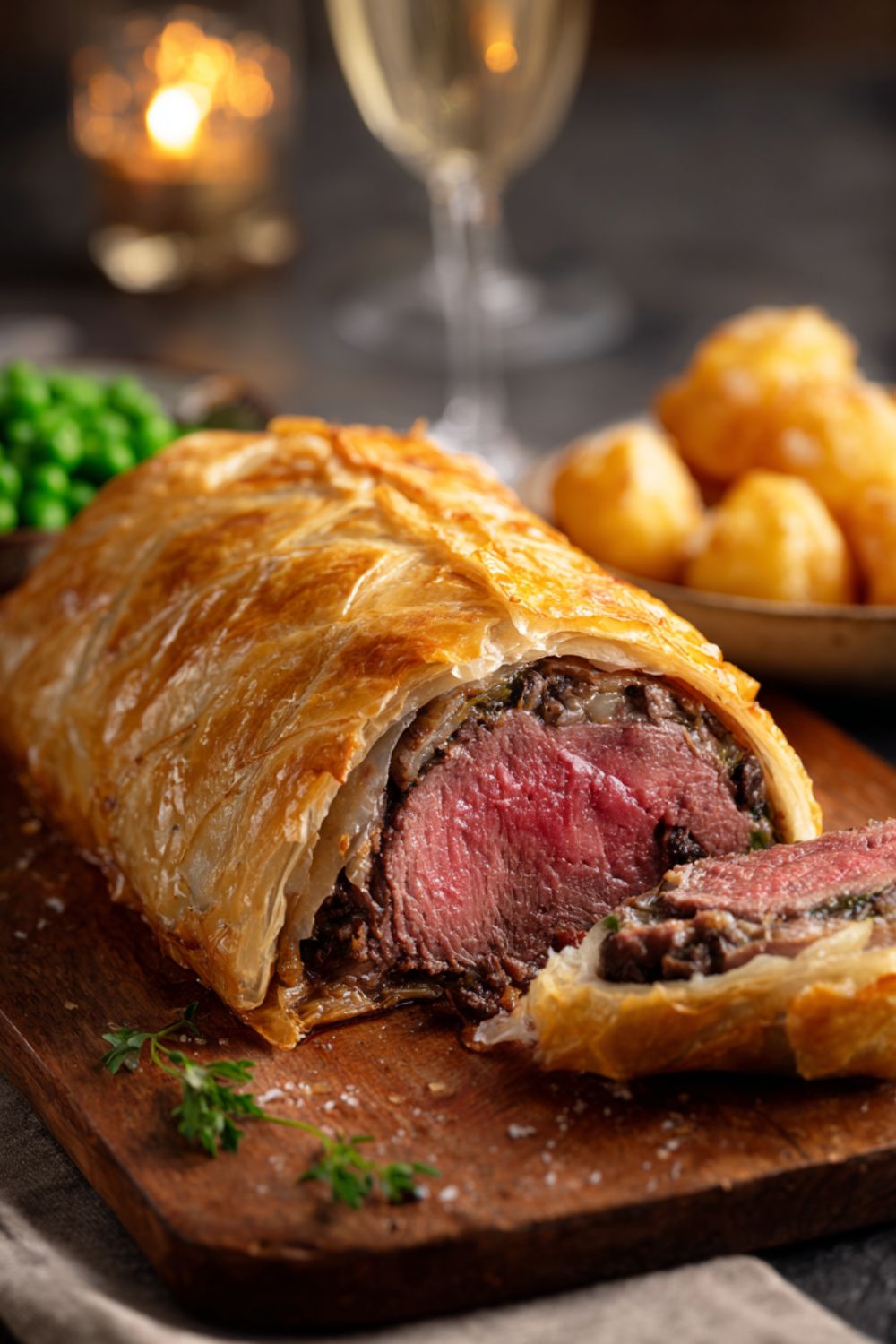 Beef Wellington sliced showing pink centre and golden pastry