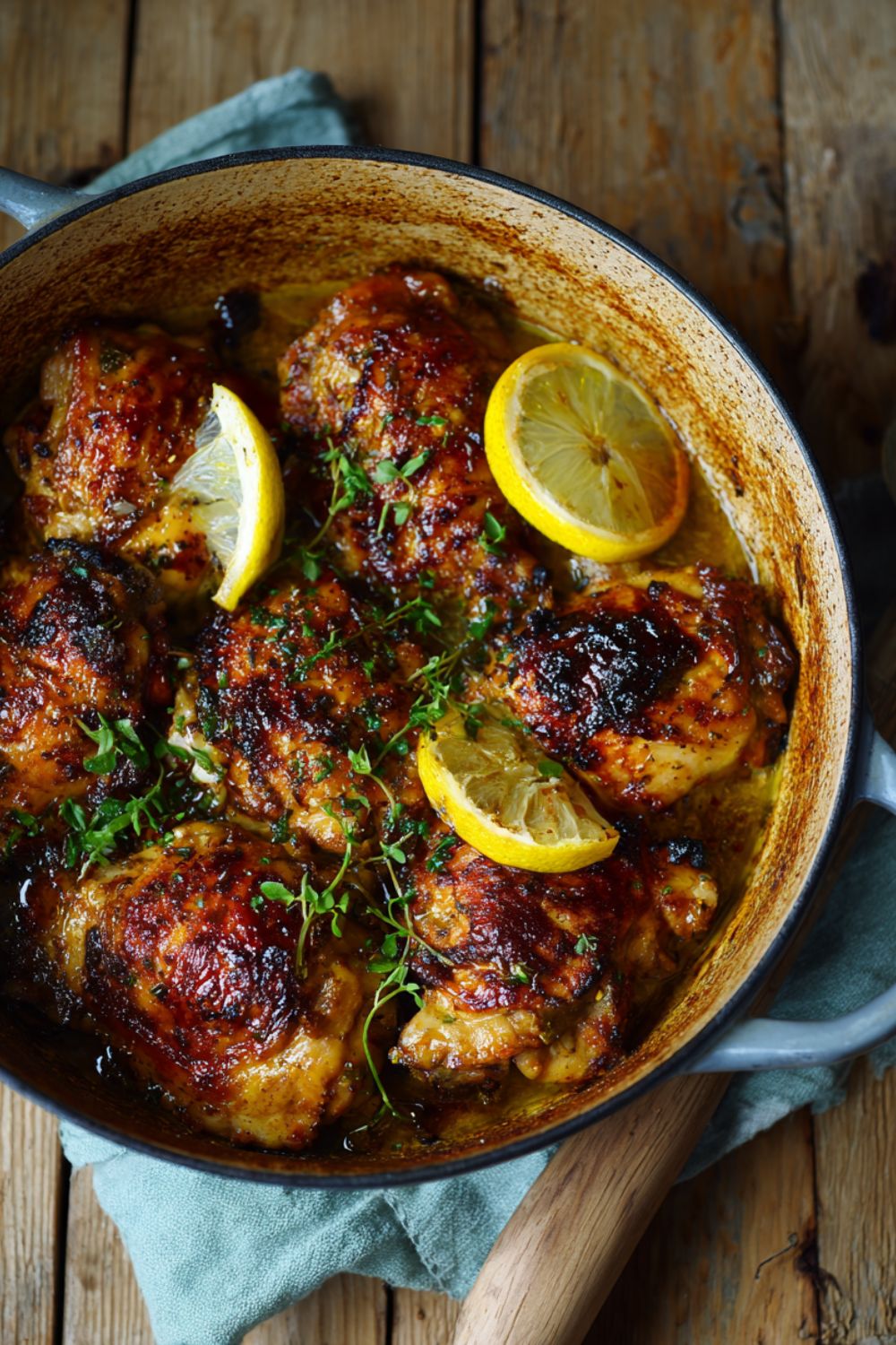 Roasted chicken thighs with golden skin