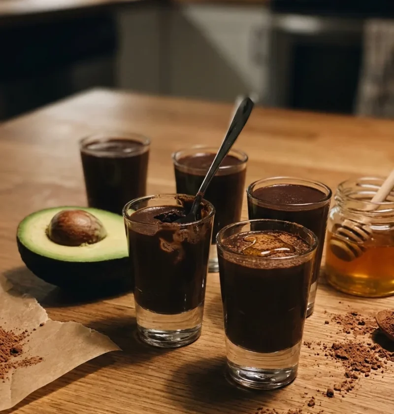 Gordon Ramsay avocado chocolate mousse in shot glasses with cacao powder