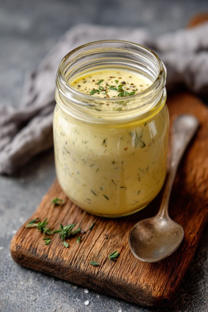 Homemade Gordon Ramsay caesar salad dressing stored in a glass jar