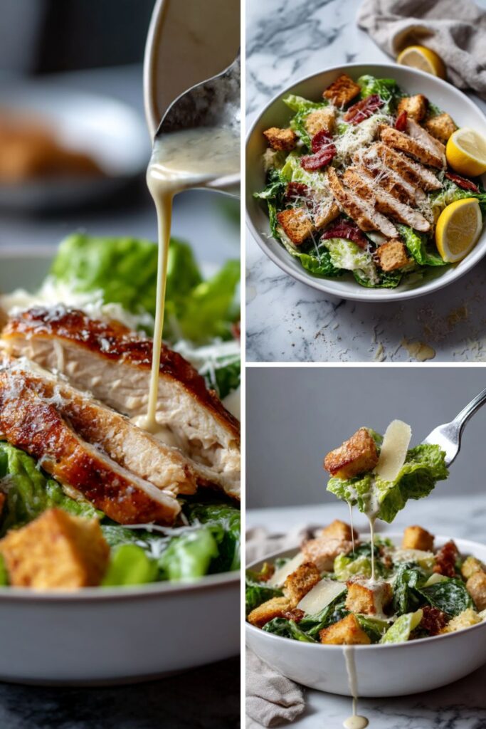 Pouring homemade caesar dressing over cos lettuce and sliced chicken