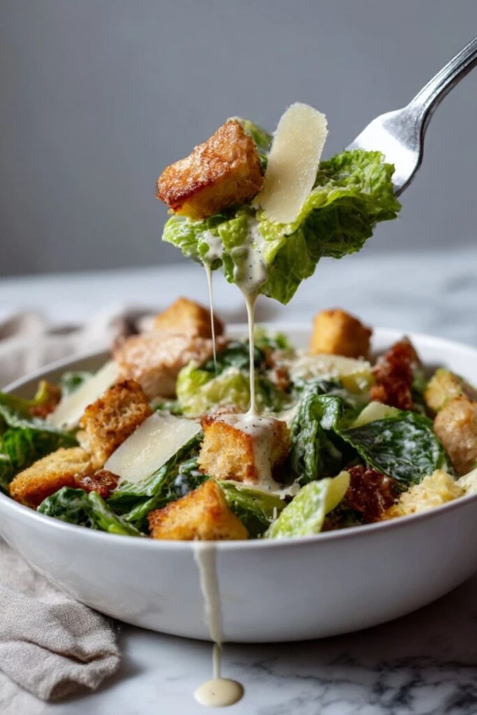 Fork lifting caesar salad with dressing dripping from crouton and cos lettuce