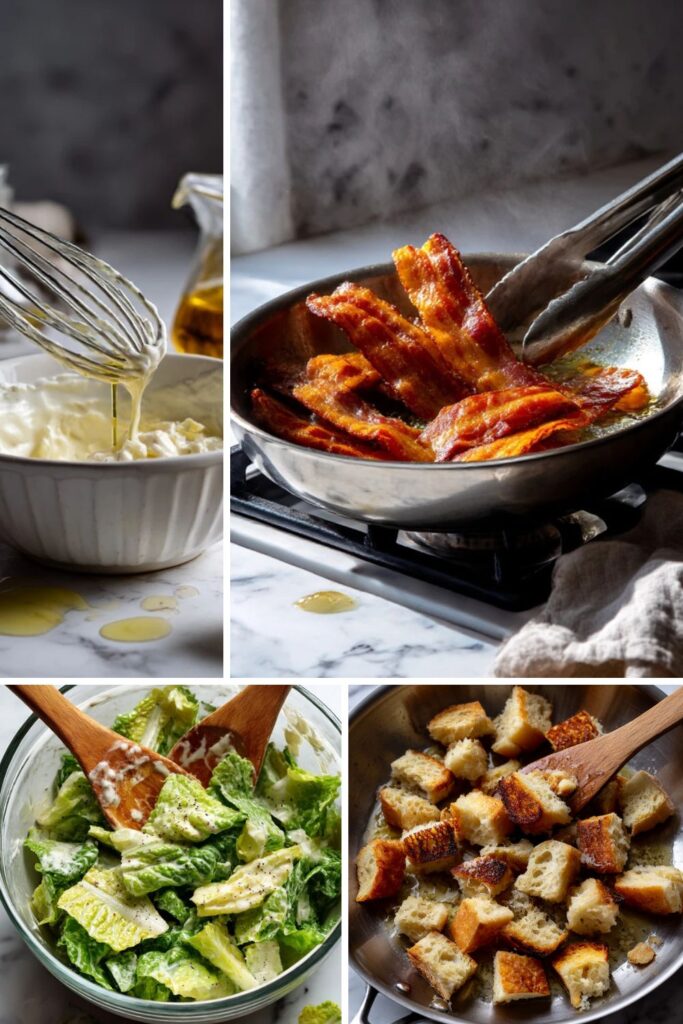 Step by step process making Gordon Ramsay caesar salad