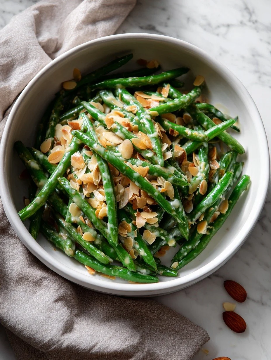 Overhead view of Gordon Ramsay green bean and almond salad with honey mustard dressing