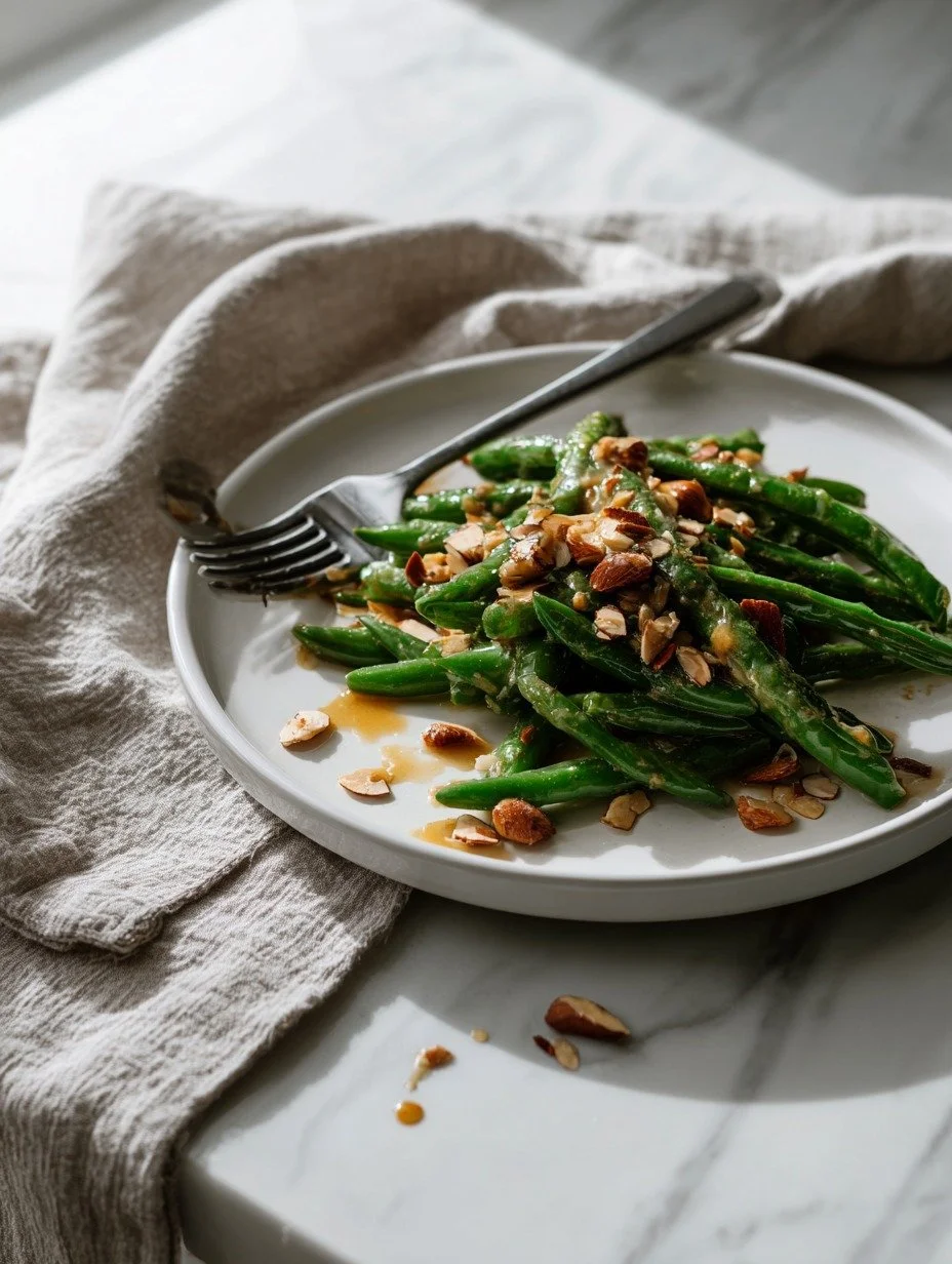 Green bean salad with mustard dressing and toasted almonds on a plate