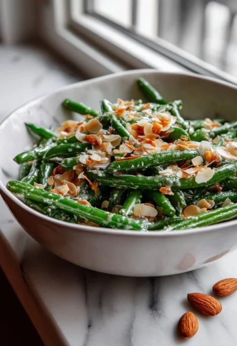 Gordon Ramsay green bean salad with toasted flaked almonds and roasted garlic mustard dressing