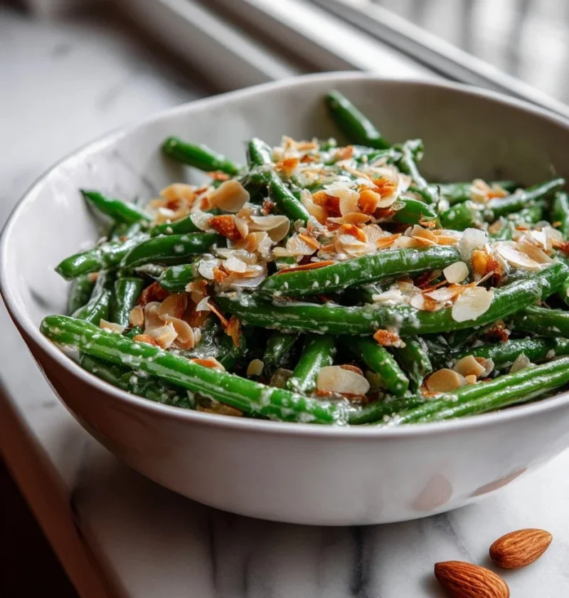 Gordon Ramsay green bean salad with toasted flaked almonds and roasted garlic mustard dressing