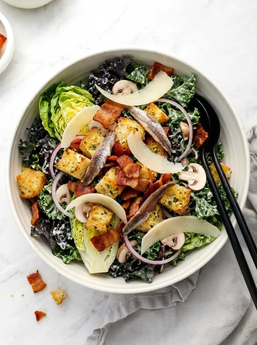 Overhead view of kale salad with crispy bacon and torn croutons