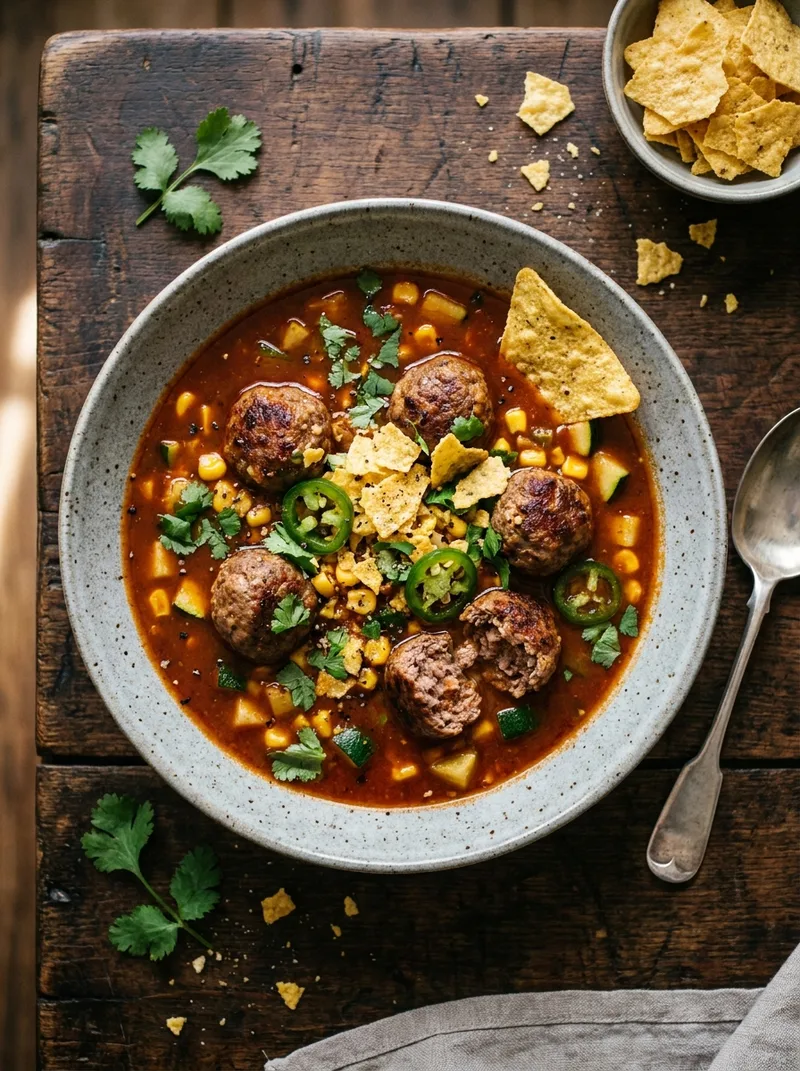 Spicy meatball soup with chipotle broth, tortilla chips and coriander