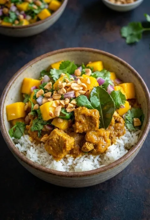 Gordon Ramsay pork neck curry with mango salsa over rice