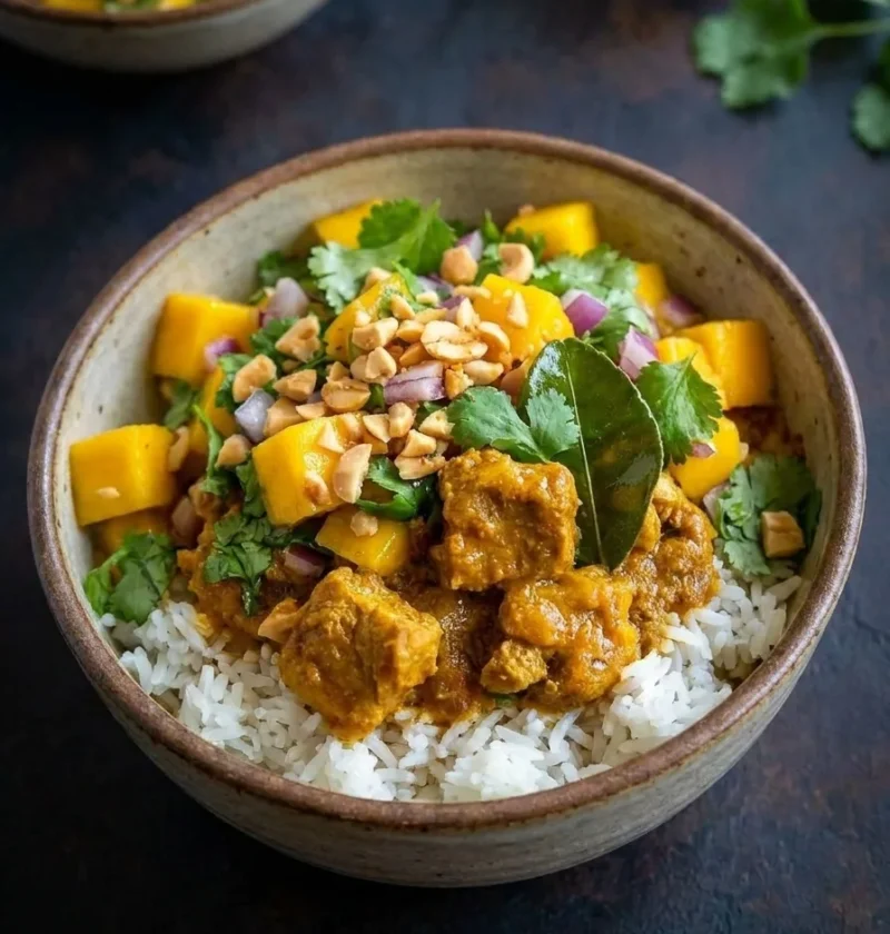 Gordon Ramsay pork neck curry with mango salsa over rice