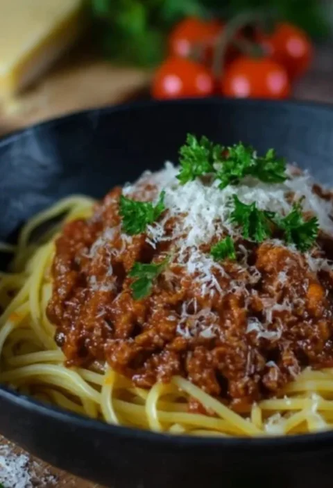 Gordon Ramsay spaghetti bolognese with rich meat sauce and Parmesan in a dark bowl