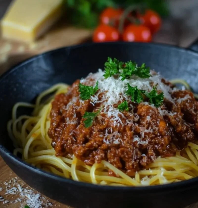 Gordon Ramsay spaghetti bolognese with rich meat sauce and Parmesan in a dark bowl