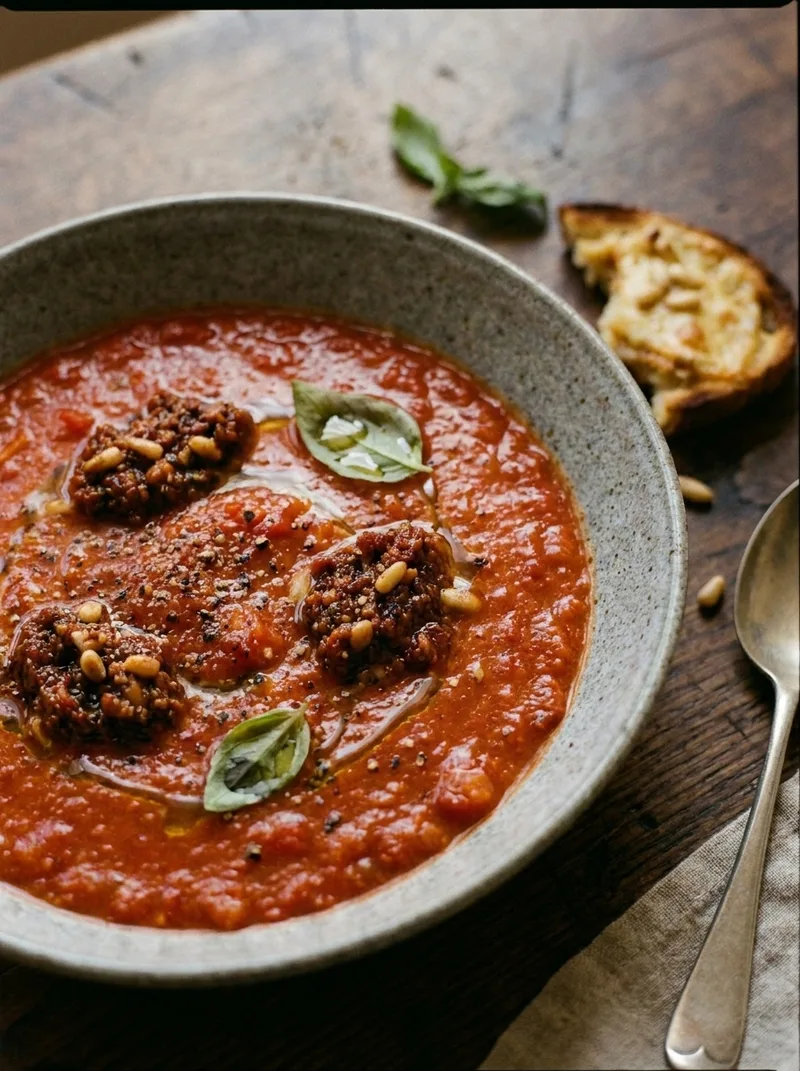 Close-up of tomato soup with pesto dollops and pine nuts