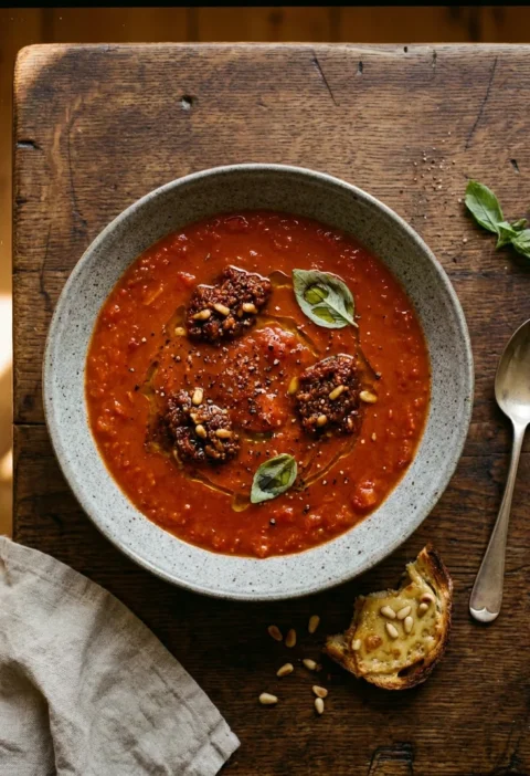 Gordon Ramsay roasted tomato soup with sundried tomato pesto, pine nuts and basil