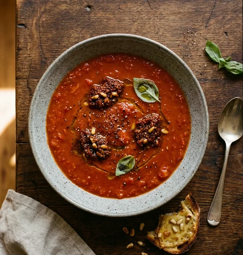 Gordon Ramsay roasted tomato soup with sundried tomato pesto, pine nuts and basil
