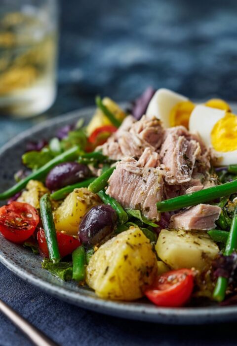 Gordon Ramsay tuna nicoise salad with flaked tinned tuna green beans potatoes and eggs