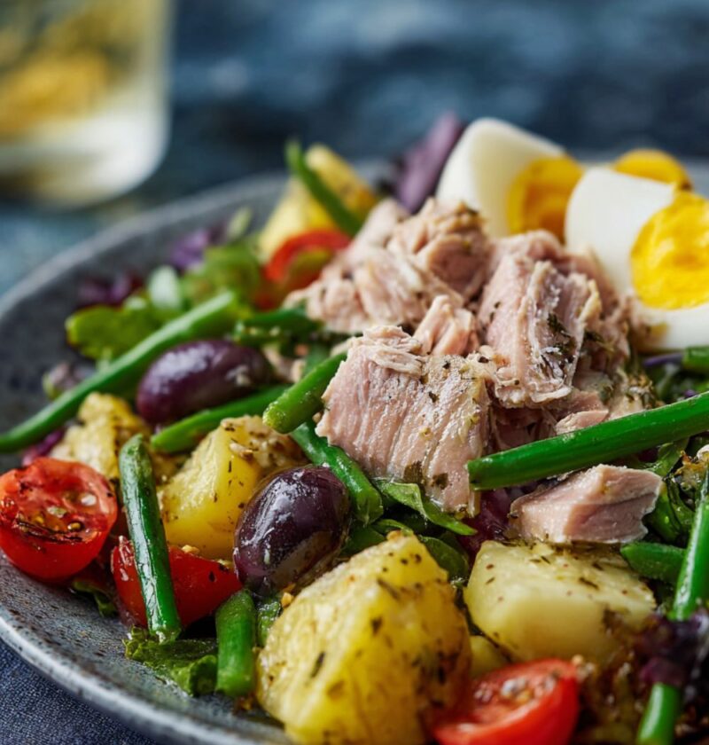 Gordon Ramsay tuna nicoise salad with flaked tinned tuna green beans potatoes and eggs
