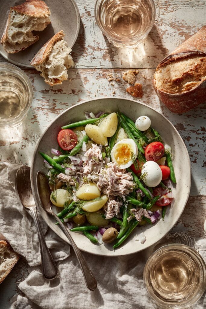 Overhead view of tuna nicoise salad with crusty bread and white wine