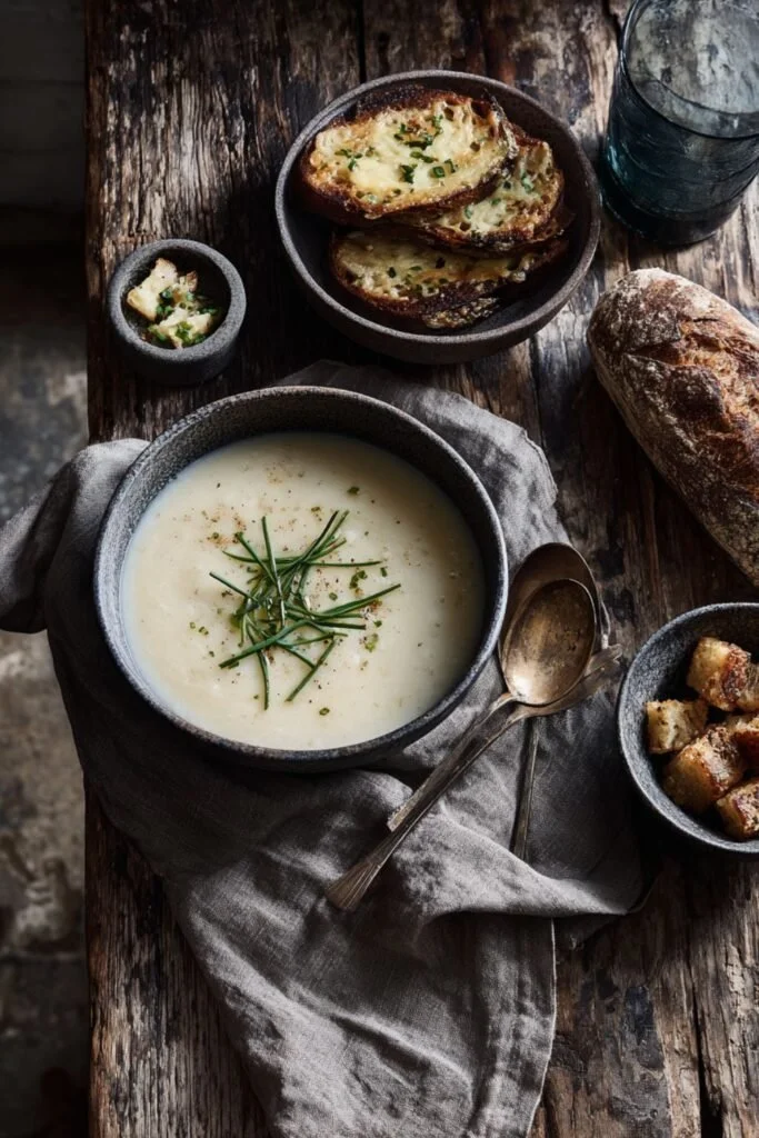 Overhead shot of Gordon Ramsay white onion soup with cheesy toasts and crusty bread on a rustic wood table