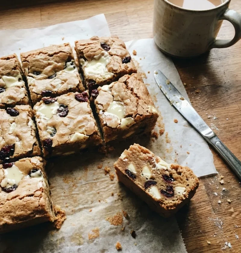 Gordon Ramsay blondies with white chocolate and cranberries on a wooden worktop