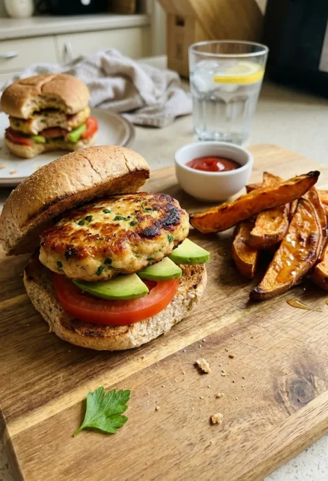 Gordon Ramsay chicken burger with avocado and tomato in a wholemeal bun with sweet potato wedges