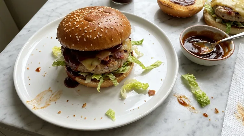 Gordon Ramsay pork burger with smoky bacon patty, melted applewood Cheddar, barbecue sauce and shredded lettuce on a sesame bun