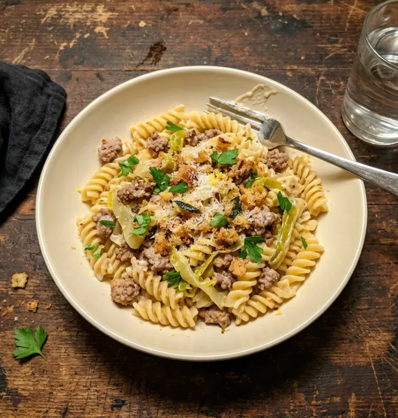 Gordon Ramsay turkey and leek pasta with crispy sage breadcrumbs, fusilli in cream sauce with crumbled turkey mince and Parmesan on a dark wood table