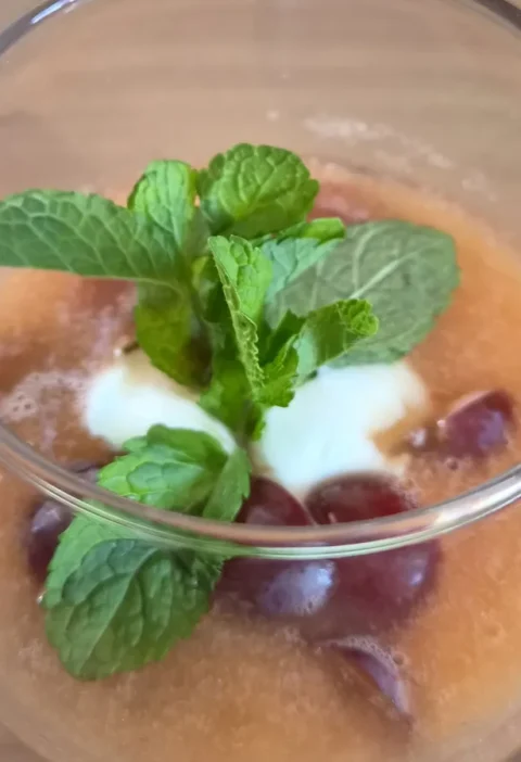 Chilled melon soup with grapes, creme fraiche and mint, made and photographed by reader Alex Sunins