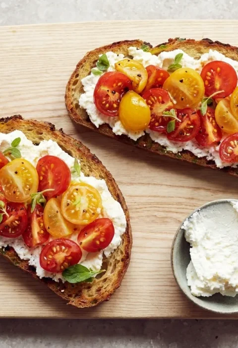 Gordon Ramsay bruschetta with ricotta and dressed red and yellow cherry tomatoes on toasted sourdough slices