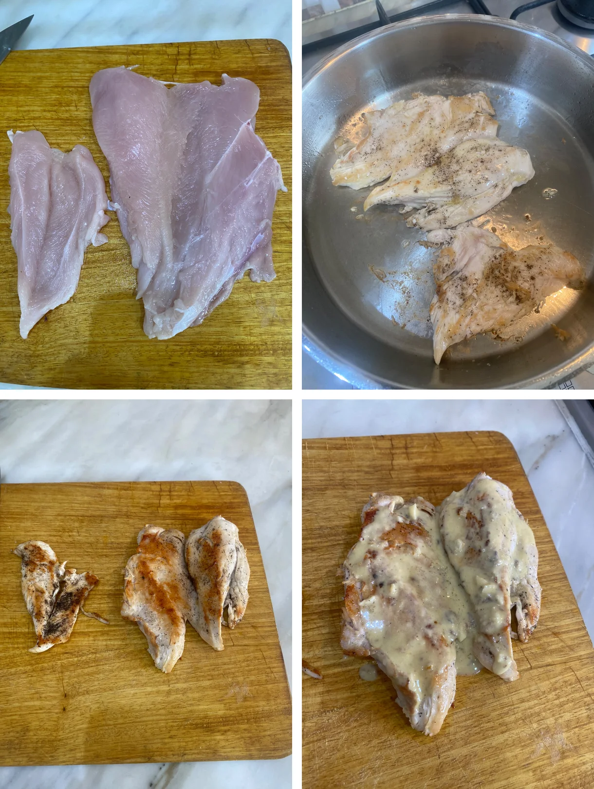 Four steps of butterflied chicken breast for caesar salad: raw opened flat, cooking in a frying pan, rested on a board with the thin piece separate, and dressed with caesar dressing