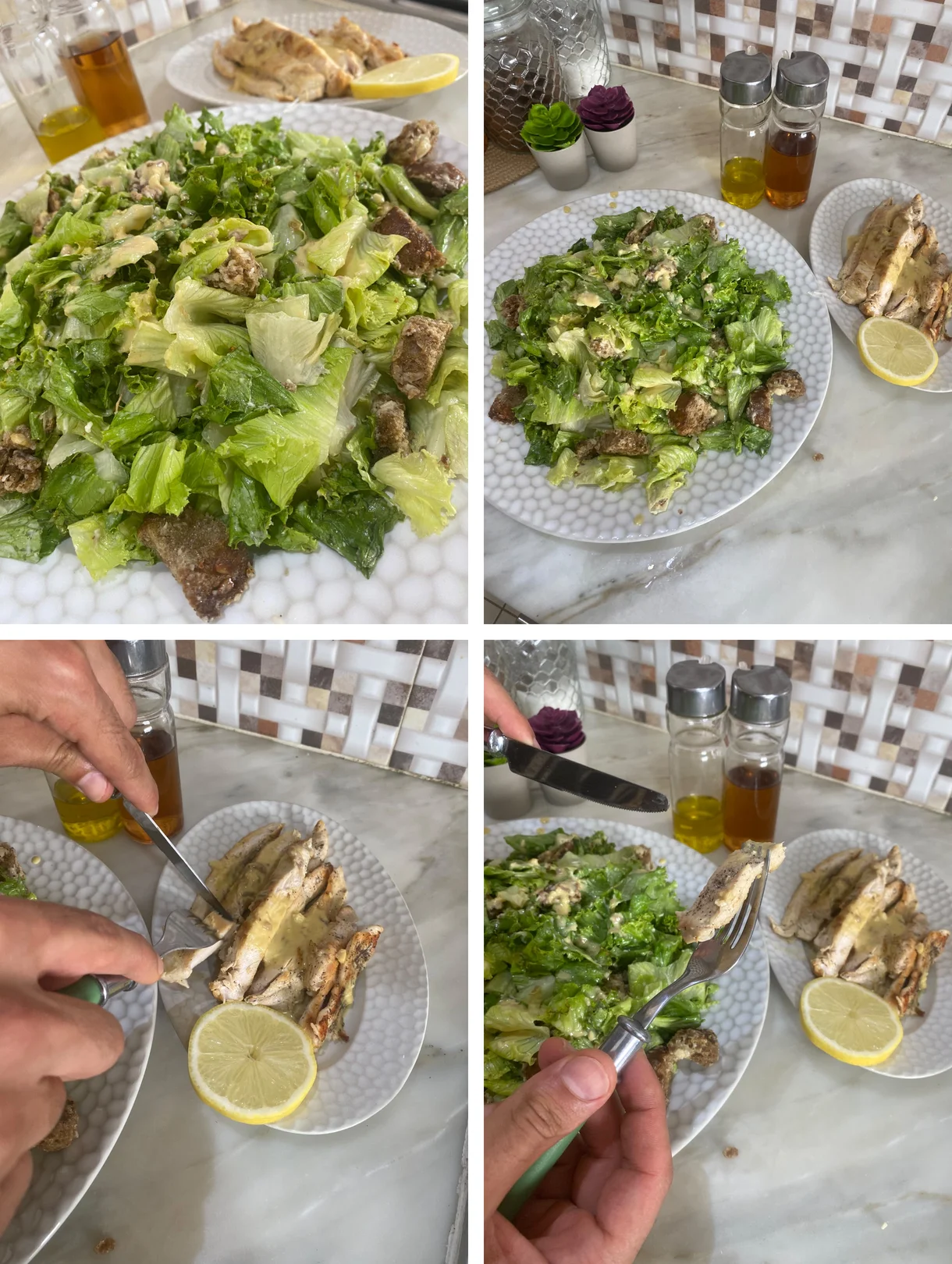 Four photos of Gordon Ramsay caesar salad cooked at home: dressed salad with croutons and griddled chicken served alongside with lemon