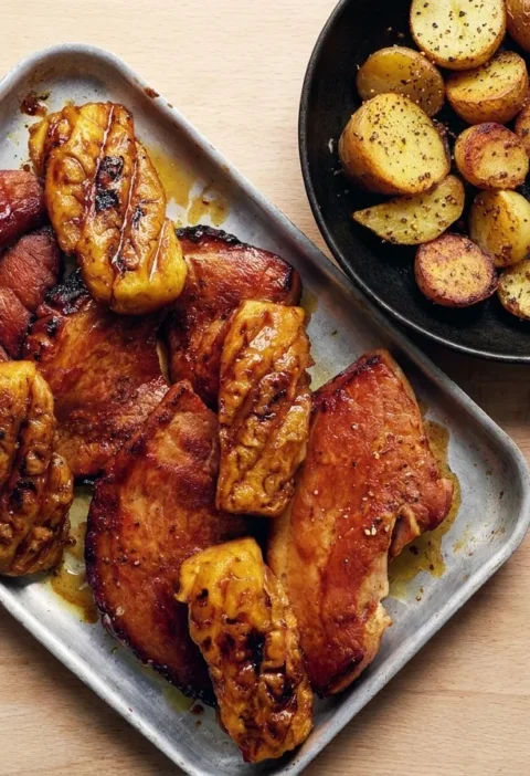 Gordon Ramsay gammon steaks with treacle glaze and charred grilled pineapple on a metal tray, gunpowder potatoes in a cast iron pan