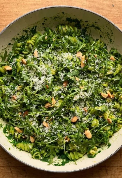 Gordon Ramsay green pasta with fusilli in kale sauce, topped with rocket, crushed almonds, Parmesan and lemon zest