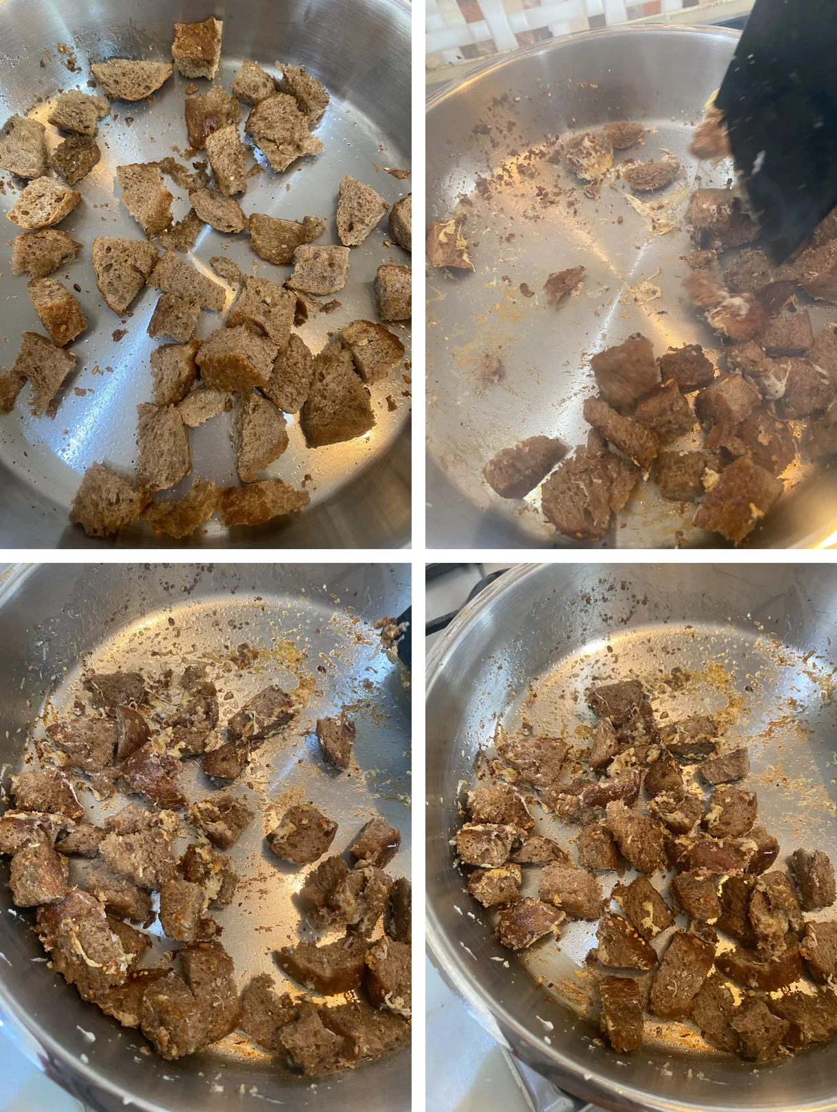 Four steps of Parmesan croutons for caesar salad: bread cubes frying in a pan, tossing as the grated cheese melts with visible cheese strings, cheese coating the croutons, and the finished golden croutons