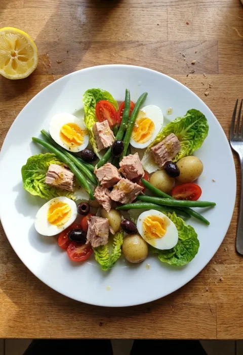 Gordon Ramsay tuna niçoise salad with tinned tuna, halved boiled eggs, green beans, new potatoes, black olives and baby gem lettuce on a white plate